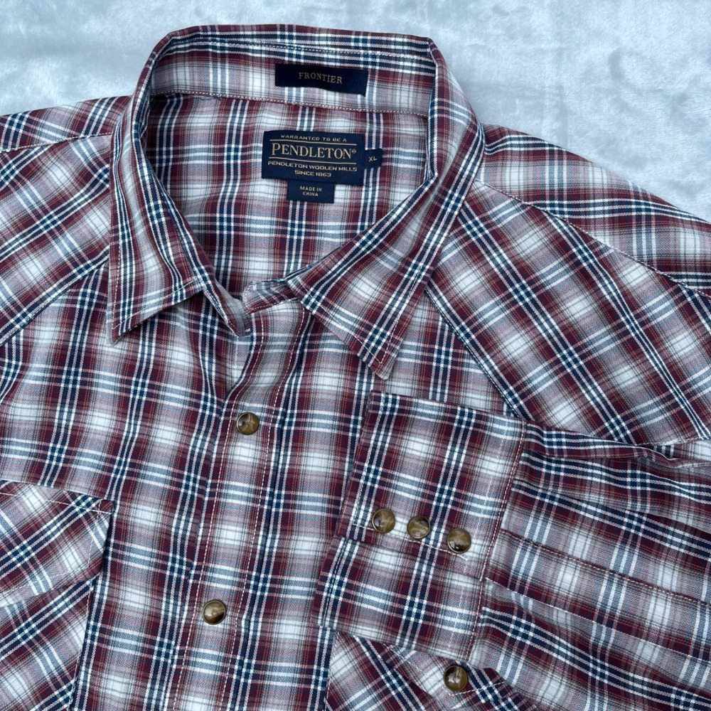 Pendleton Frontier Mens XL Red Blue Plaid Western Snap Long Sleeve